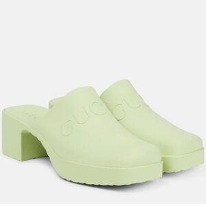 GUCCI NWT NIB mint pastel green rubber logo embossed high heel clogs size 38